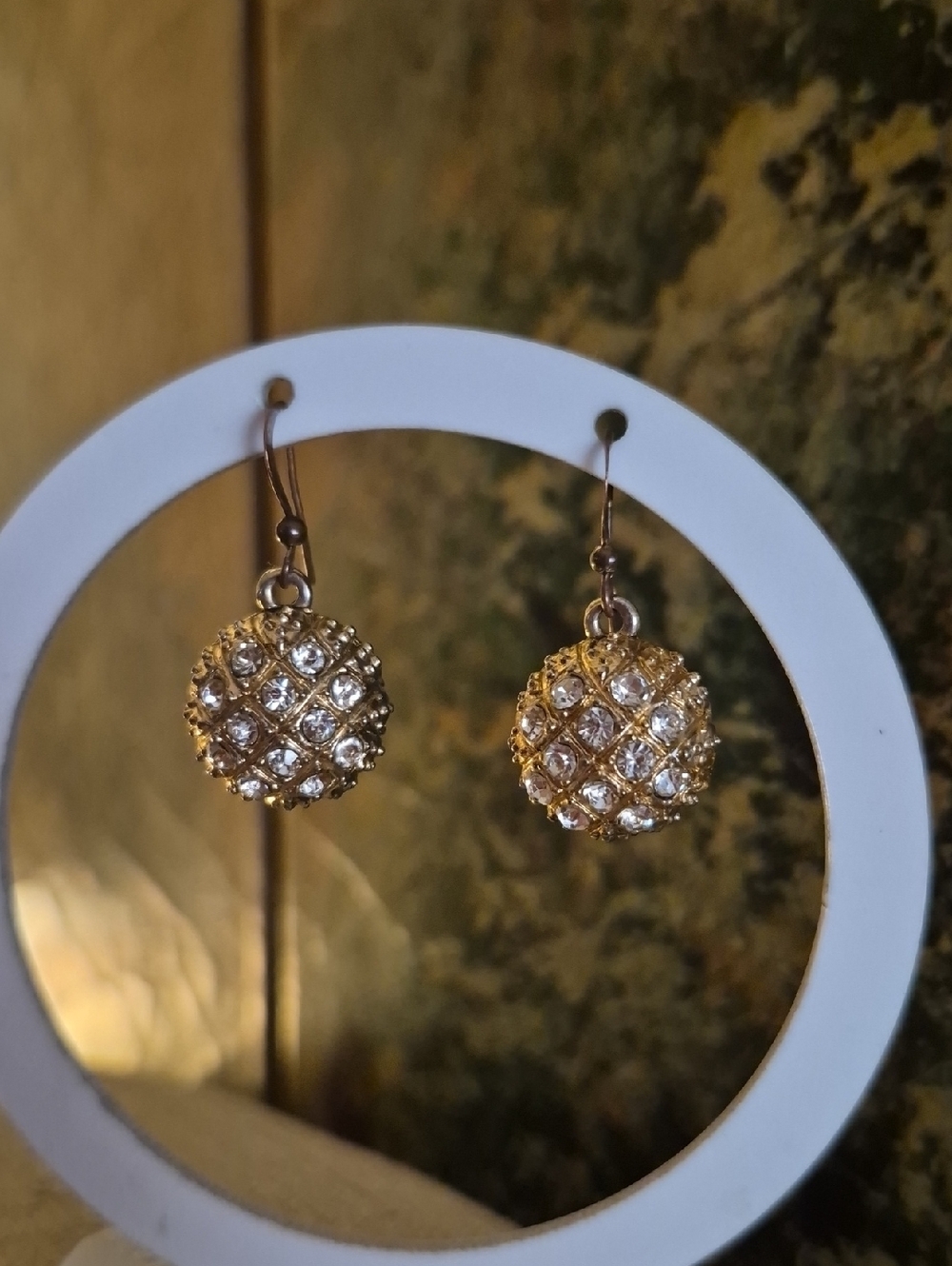 Vintage Goldtone Crystal Round Sphere Ball Dangle Drop Earrings